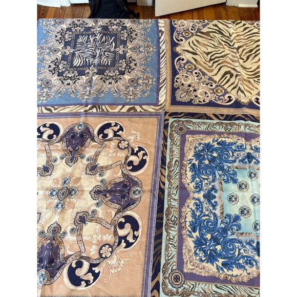 Johnny Was Valentin Silk Patchwork Tassel Detail Scarf Blue Taupe - Picture 2 of 9